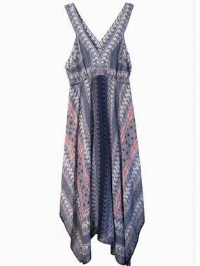 Japna Boho Handkerchief Hem Midi Dress Blue Pink Print Size Medium Paisley Scarf